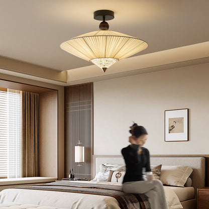 Traditional Chinese Round Hardware Fabric Crystal 3/4-Light Semi-Flush Mount Ceiling Light For Bedroom