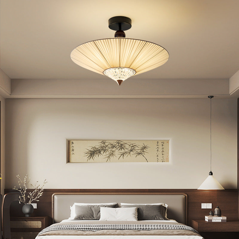 Traditional Chinese Round Hardware Fabric Crystal 3/4-Light Semi-Flush Mount Ceiling Light For Bedroom
