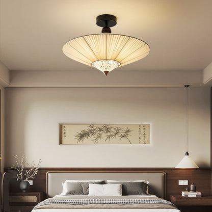 Traditional Chinese Round Hardware Fabric Crystal 3/4-Light Semi-Flush Mount Ceiling Light For Bedroom