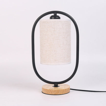 Contemporary Scandinavian Cylinder Solid Wood Fabric Metal 1-Light Table Lamp For Bedroom