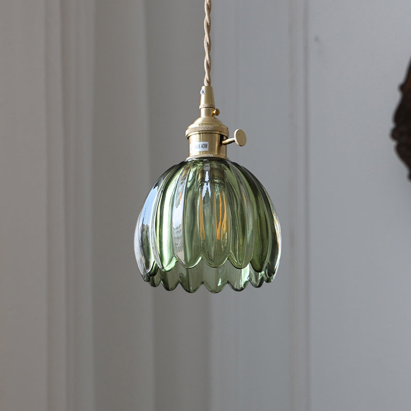 Traditional Vintage Floral Glass Copper 1-Light Pendant Light For Dining Room