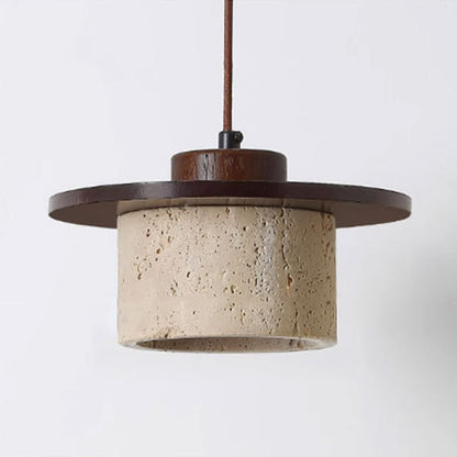 Modern Minimalist Cylindrical Yellow Travertine Solid Wood 1-Light Pendant Light For Bedroom
