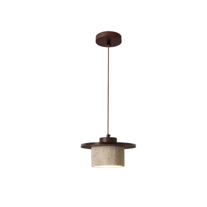Modern Minimalist Cylindrical Yellow Travertine Solid Wood 1-Light Pendant Light For Bedroom