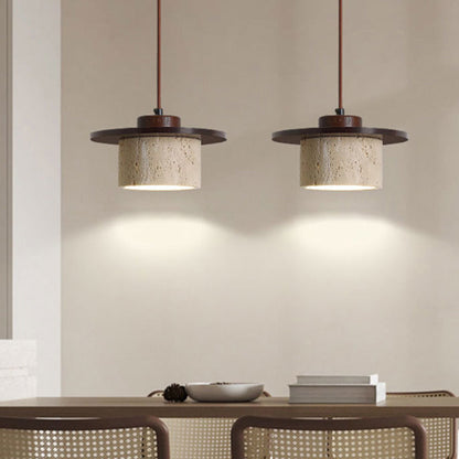 Modern Minimalist Cylindrical Yellow Travertine Solid Wood 1-Light Pendant Light For Bedroom