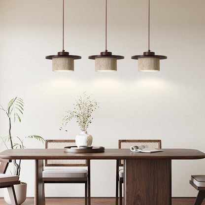 Modern Minimalist Cylindrical Yellow Travertine Solid Wood 1-Light Pendant Light For Bedroom