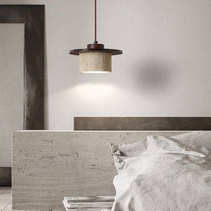 Modern Minimalist Cylindrical Yellow Travertine Solid Wood 1-Light Pendant Light For Bedroom