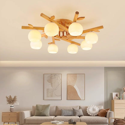 Traditional Japanese Round Fan Wood Glass 3/5/8 Light Semi-Flush Mount Ceiling Light For Living Room
