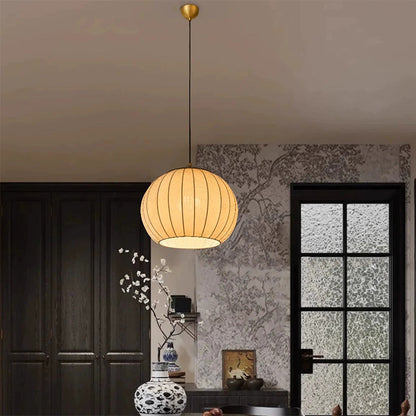 Traditional Japanese Round Wood Fabric 3-light Pendant Light For Dining Room