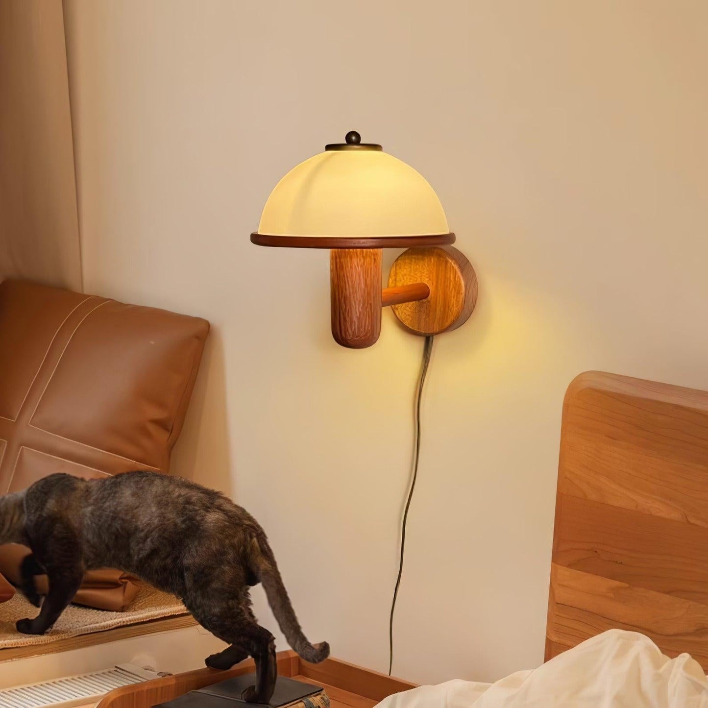 Traditional Vintage Half Circle Solid Wood Acrylic 1-Light Wall Sconce Lamp For Bedroom
