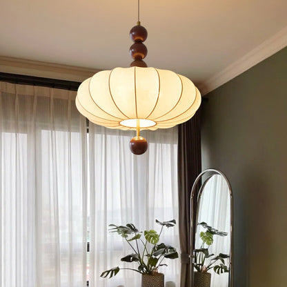 Traditional Chinese Flat Round Fabric Wood 3/4 Light Pendant Light For Bedroom
