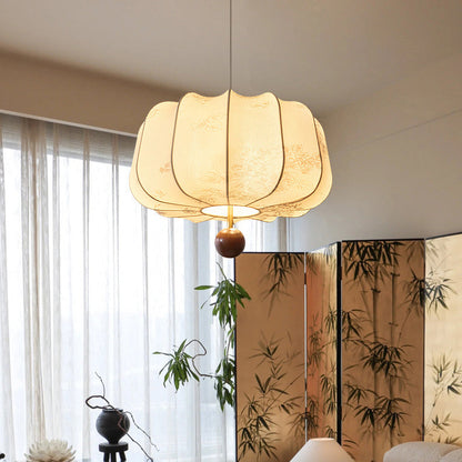 Traditional Chinese Flat Round Fabric Wood 3/4 Light Pendant Light For Bedroom
