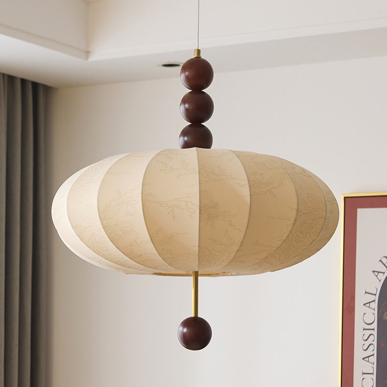 Traditional Chinese Flat Round Fabric Wood 3/4 Light Pendant Light For Bedroom