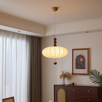 Traditional Chinese Flat Round Fabric Wood 3/4 Light Pendant Light For Bedroom