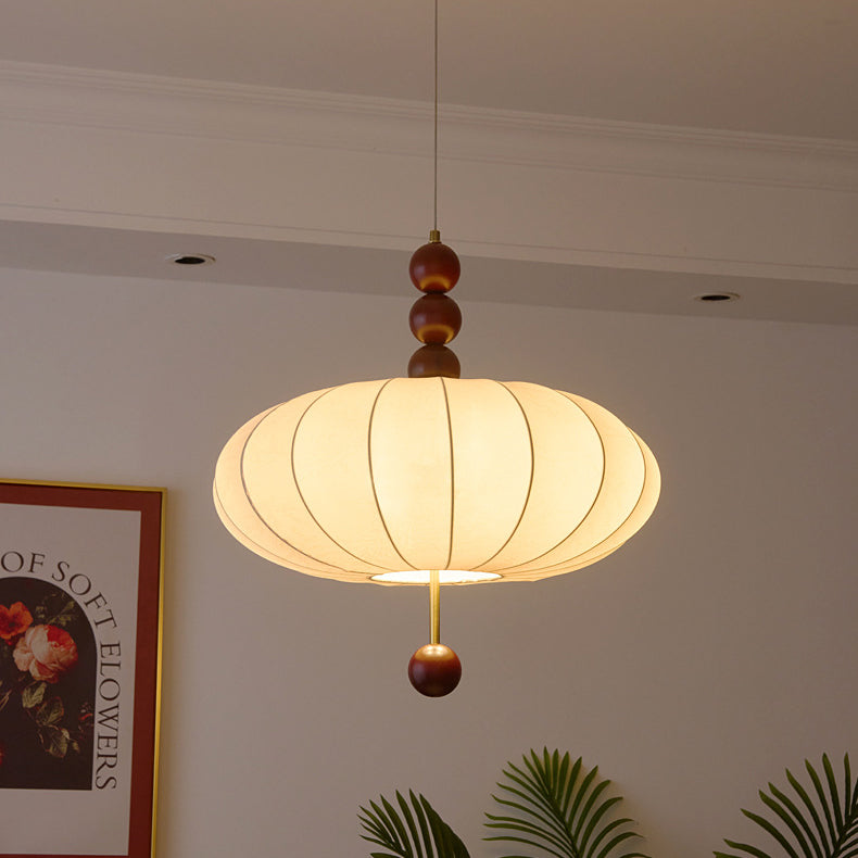 Traditional Chinese Flat Round Fabric Wood 3/4 Light Pendant Light For Bedroom