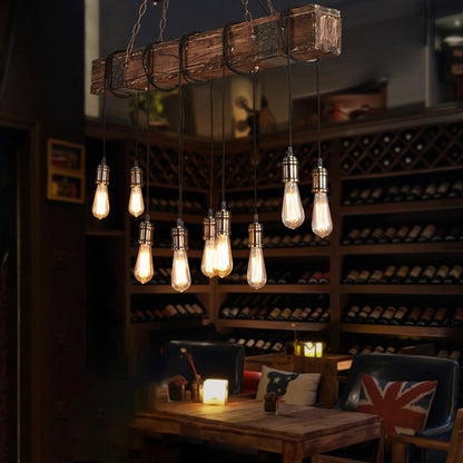 Traditional Vintage Rectangular Wood Iron 10-Light Adjustable Chain Chandelier For Living Room
