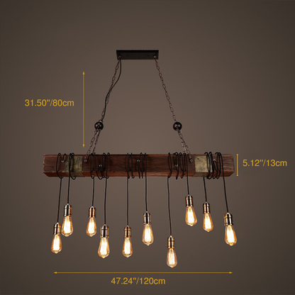 Traditional Vintage Rectangular Wood Iron 10-Light Adjustable Chain Chandelier For Living Room
