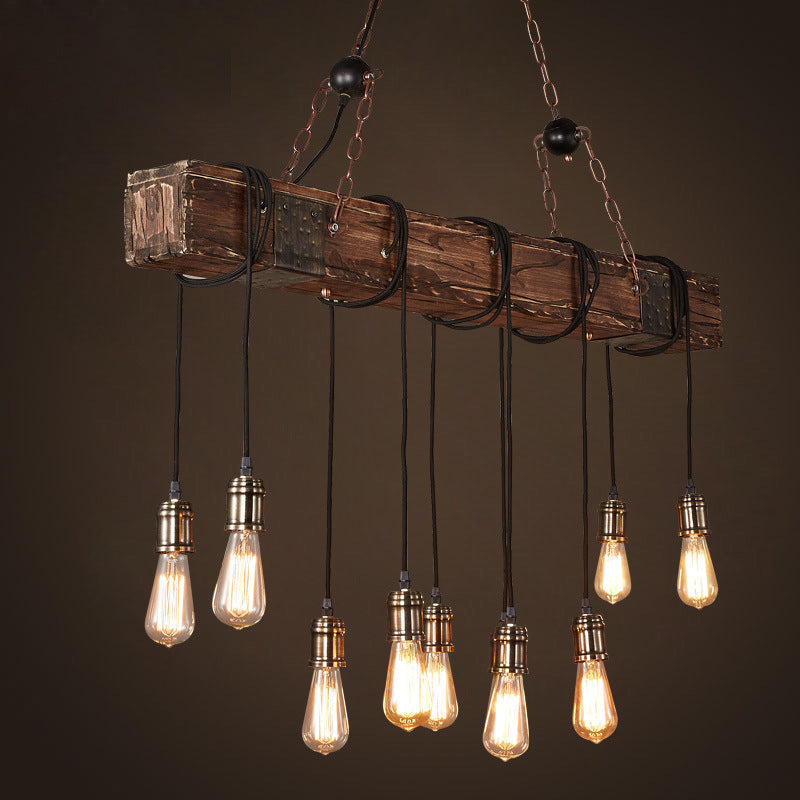Traditional Vintage Rectangular Wood Iron 10-Light Adjustable Chain Chandelier For Living Room