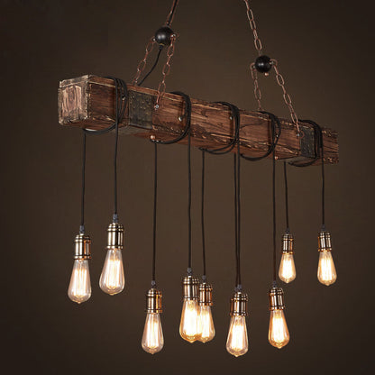 Traditional Vintage Rectangular Wood Iron 10-Light Adjustable Chain Chandelier For Living Room