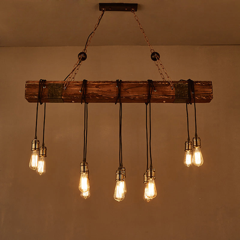 Traditional Vintage Rectangular Wood Iron 10-Light Adjustable Chain Chandelier For Living Room