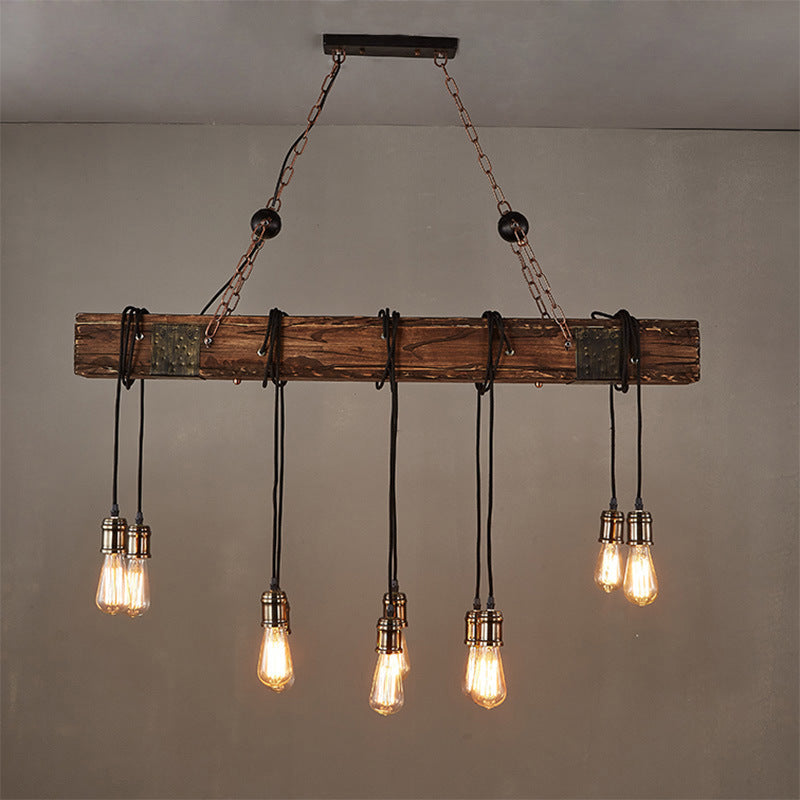 Traditional Vintage Rectangular Wood Iron 10-Light Adjustable Chain Chandelier For Living Room
