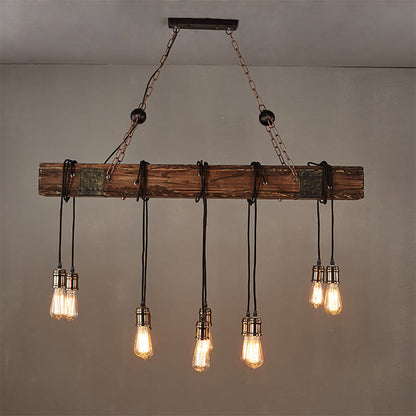 Traditional Vintage Rectangular Wood Iron 10-Light Adjustable Chain Chandelier For Living Room