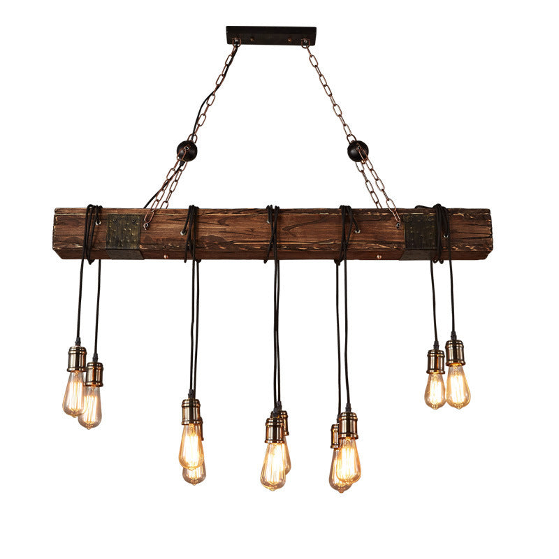 Traditional Vintage Rectangular Wood Iron 10-Light Adjustable Chain Chandelier For Living Room