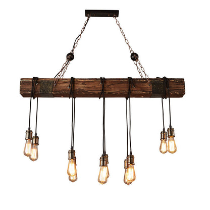 Traditional Vintage Rectangular Wood Iron 10-Light Adjustable Chain Chandelier For Living Room