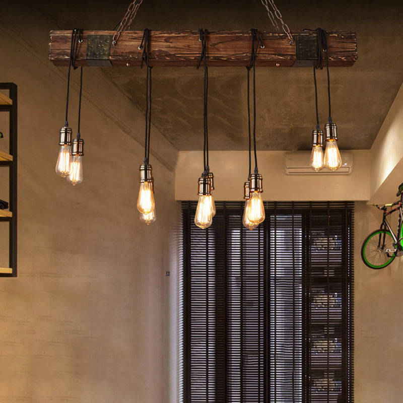 Traditional Vintage Rectangular Wood Iron 10-Light Adjustable Chain Chandelier For Living Room