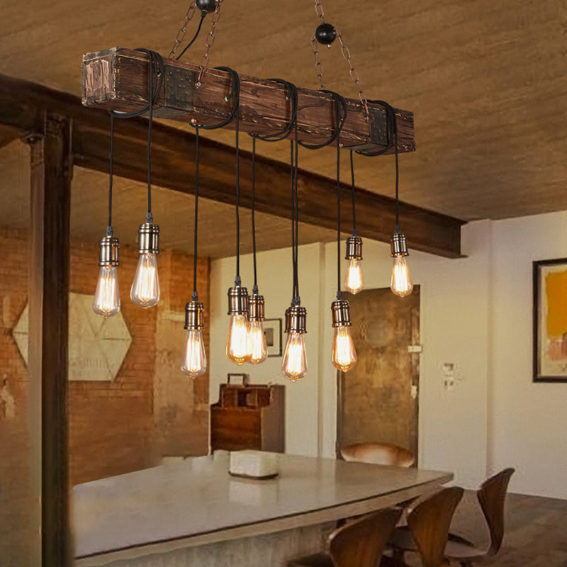 Traditional Vintage Rectangular Wood Iron 10-Light Adjustable Chain Chandelier For Living Room