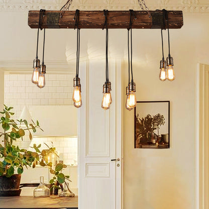 Traditional Vintage Rectangular Wood Iron 10-Light Adjustable Chain Chandelier For Living Room