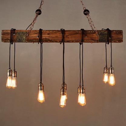 Traditional Vintage Rectangular Wood Iron 10-Light Adjustable Chain Chandelier For Living Room