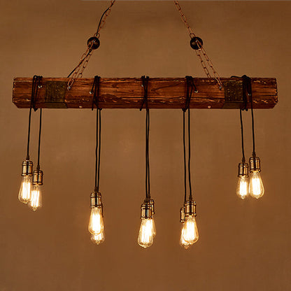 Traditional Vintage Rectangular Wood Iron 10-Light Adjustable Chain Chandelier For Living Room