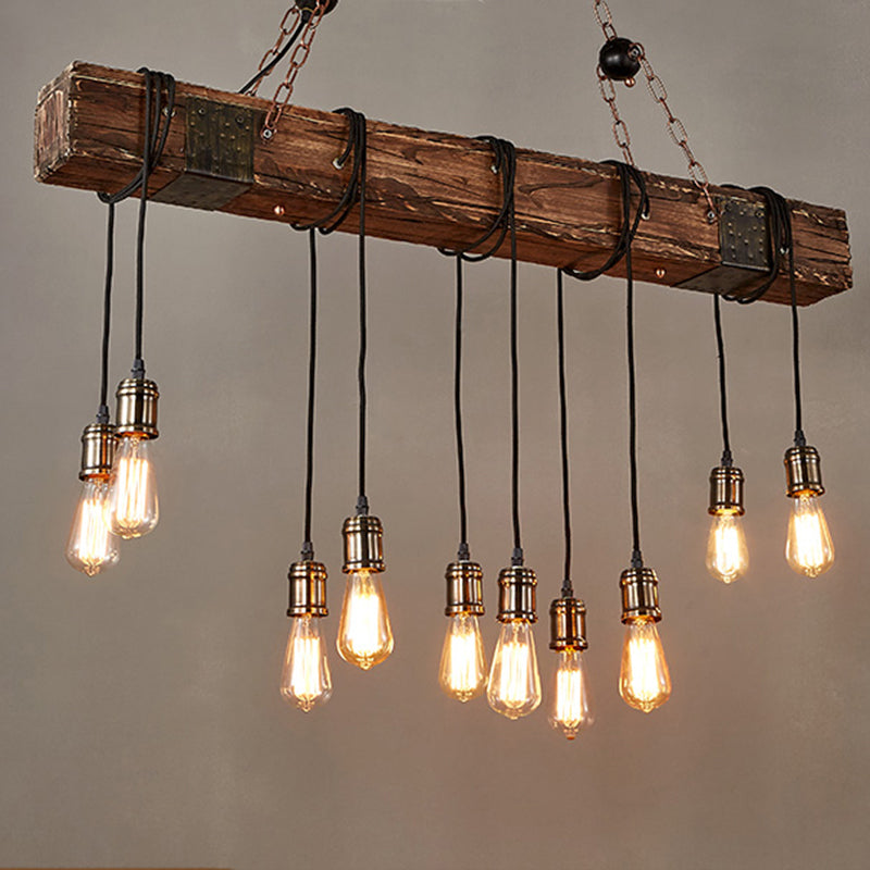 Traditional Vintage Rectangular Wood Iron 10-Light Adjustable Chain Chandelier For Living Room