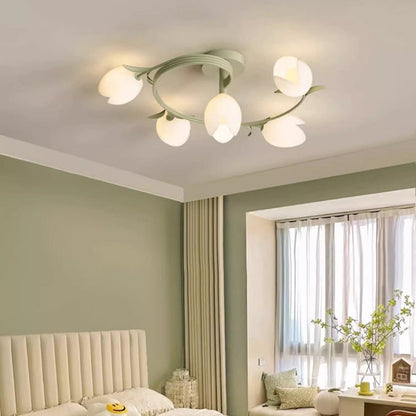Modern Minimalist Round Flower Leaf Iron Aluminum PE LED Semi-Flush Mount Ceiling Light For Living Room