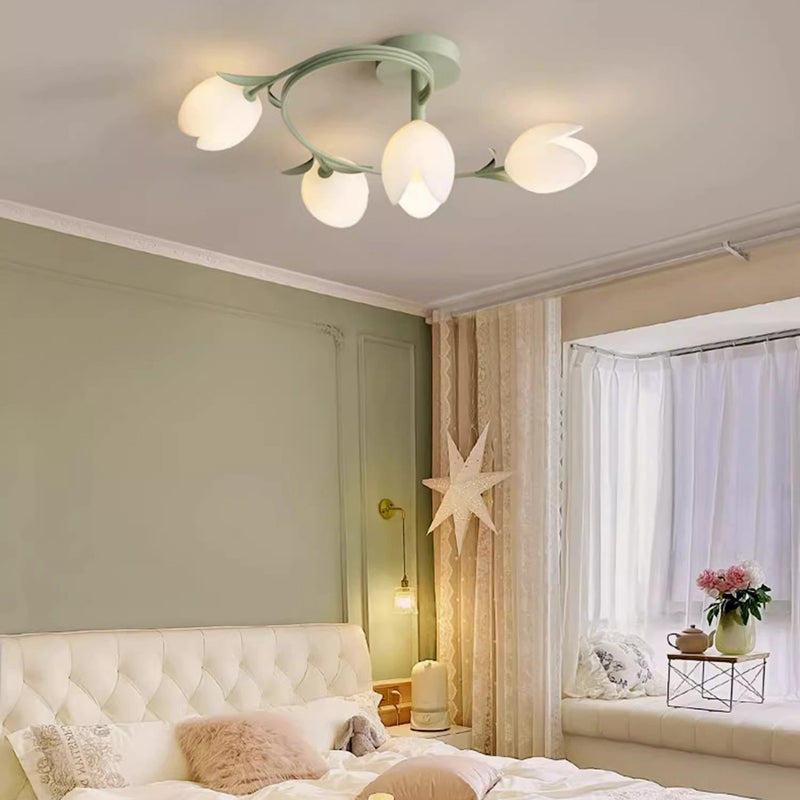 Modern Minimalist Round Flower Leaf Iron Aluminum PE LED Semi-Flush Mount Ceiling Light For Living Room