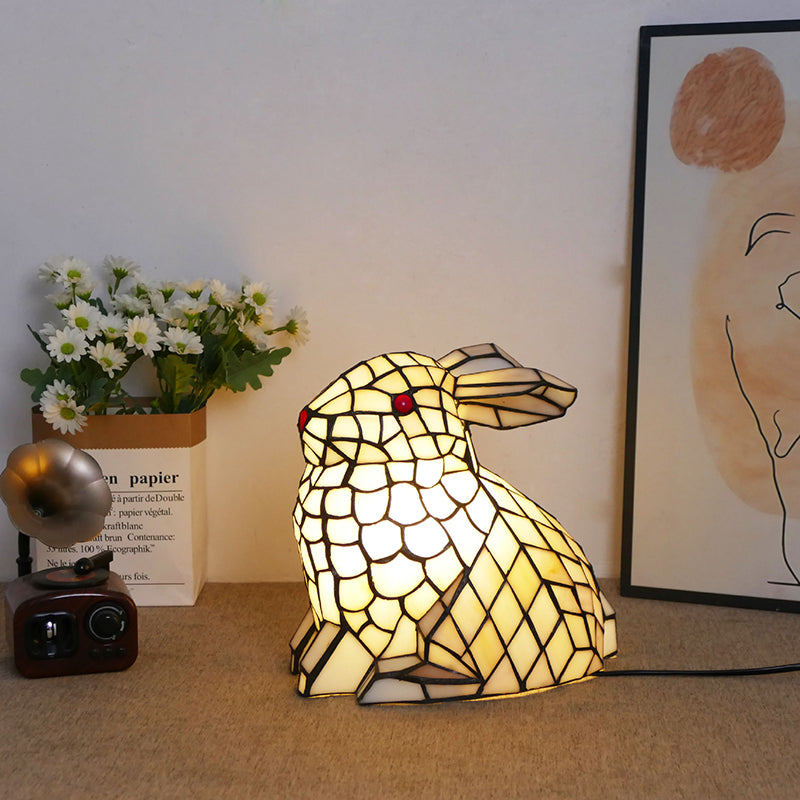 Traditional Tiffany Glass Iron Rabbit Bear Kids 1-Light Table Lamp For Living Room & Bedroom