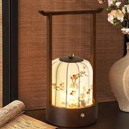 Traditional Chinese Fabric Oak Wood Cylindrical Plum Blossom Bamboo Leaves Persimmon USB Charging LED Table Lamp For Living Room & Bedroom