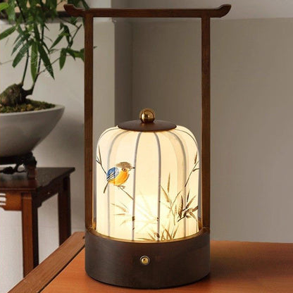 Traditional Chinese Fabric Oak Wood Cylindrical Plum Blossom Bamboo Leaves Persimmon USB Charging LED Table Lamp For Living Room & Bedroom
