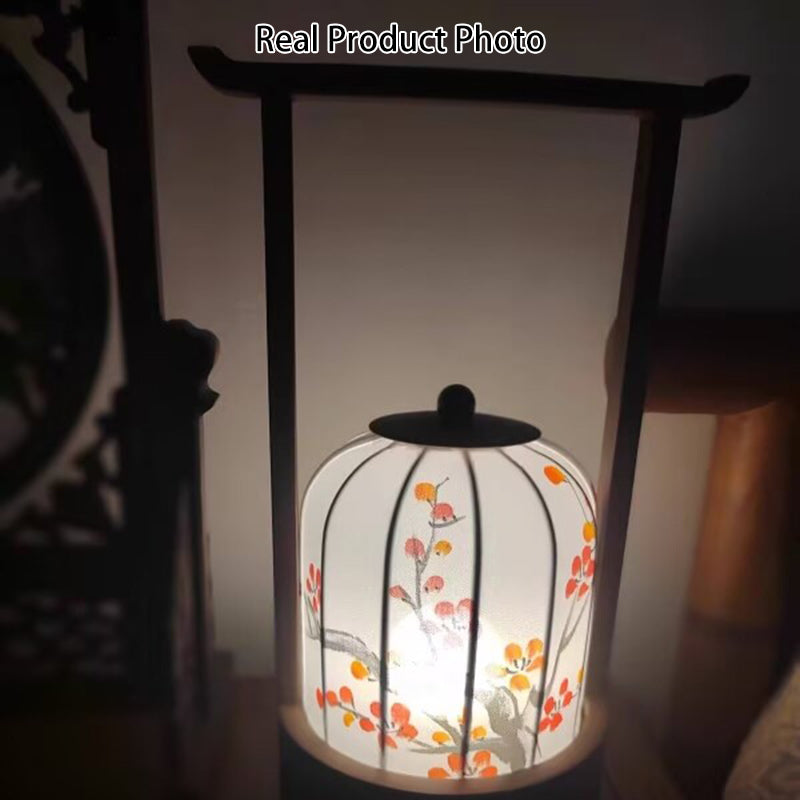Traditional Chinese Fabric Oak Wood Cylindrical Plum Blossom Bamboo Leaves Persimmon USB Charging LED Table Lamp For Living Room & Bedroom