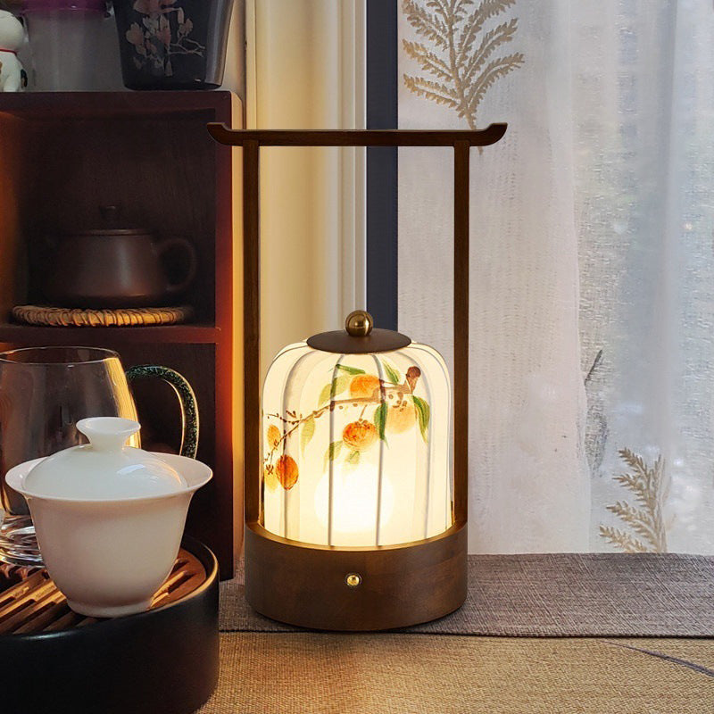 Traditional Chinese Fabric Oak Wood Cylindrical Plum Blossom Bamboo Leaves Persimmon USB Charging LED Table Lamp For Living Room & Bedroom