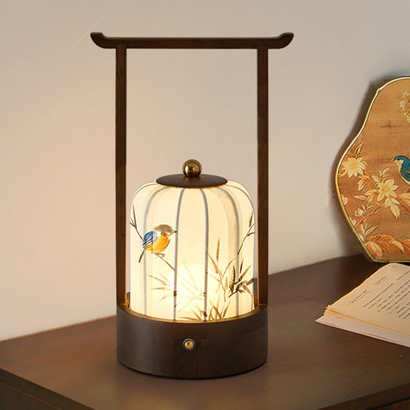 Traditional Chinese Fabric Oak Wood Cylindrical Plum Blossom Bamboo Leaves Persimmon USB Charging LED Table Lamp For Living Room & Bedroom