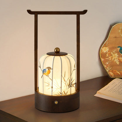 Traditional Chinese Fabric Oak Wood Cylindrical Plum Blossom Bamboo Leaves Persimmon USB Charging LED Table Lamp For Living Room & Bedroom