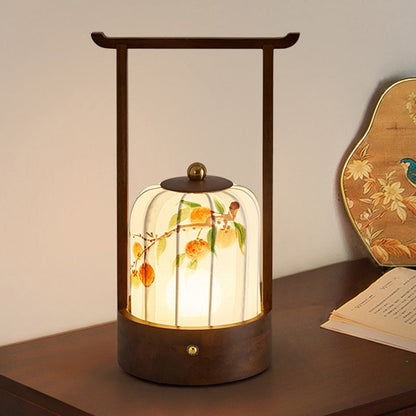 Traditional Chinese Fabric Oak Wood Cylindrical Plum Blossom Bamboo Leaves Persimmon USB Charging LED Table Lamp For Living Room & Bedroom