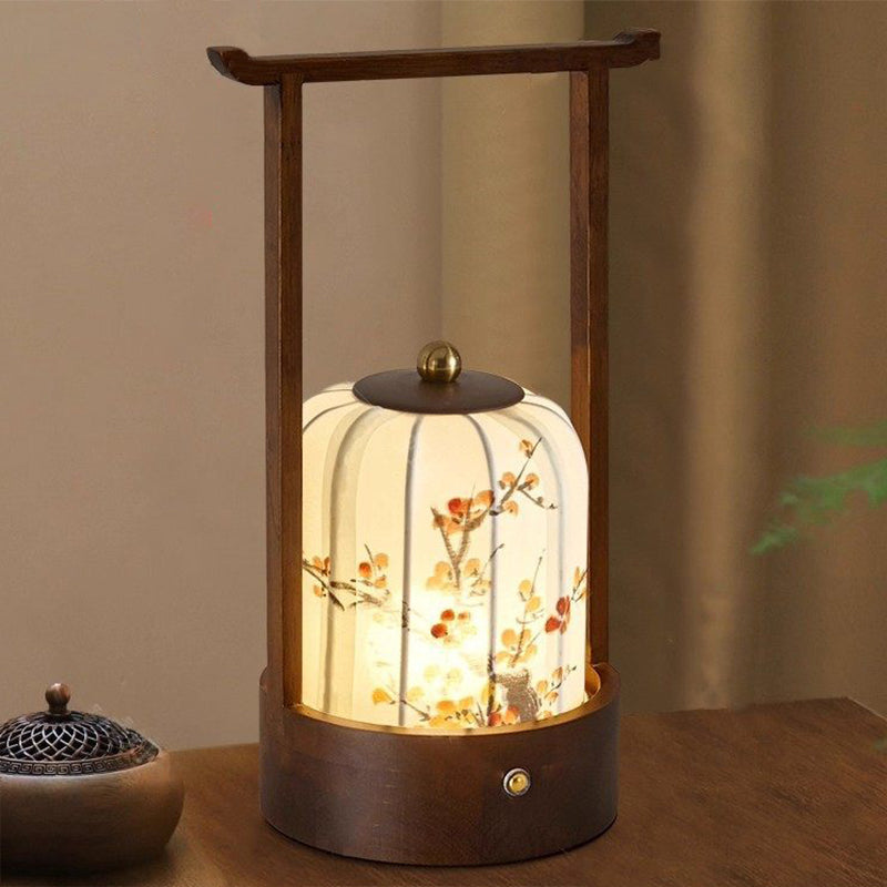Traditional Chinese Fabric Oak Wood Cylindrical Plum Blossom Bamboo Leaves Persimmon USB Charging LED Table Lamp For Living Room & Bedroom