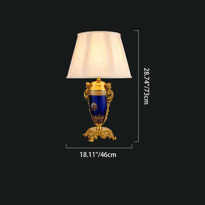 Traditional European Copper Glass Mercerized Fabric Carved Round 1-Light Table Lamp For Living Room & Bedroom