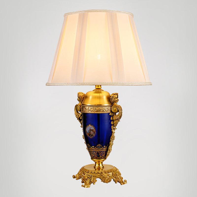 Traditional European Copper Glass Mercerized Fabric Carved Round 1-Light Table Lamp For Living Room & Bedroom
