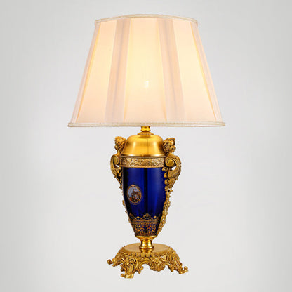 Traditional European Copper Glass Mercerized Fabric Carved Round 1-Light Table Lamp For Living Room & Bedroom