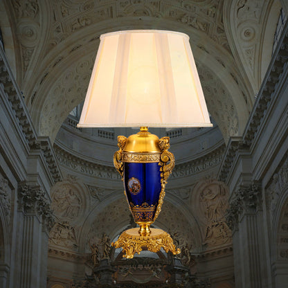 Traditional European Copper Glass Mercerized Fabric Carved Round 1-Light Table Lamp For Living Room & Bedroom