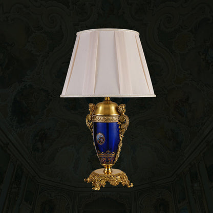 Traditional European Copper Glass Mercerized Fabric Carved Round 1-Light Table Lamp For Living Room & Bedroom