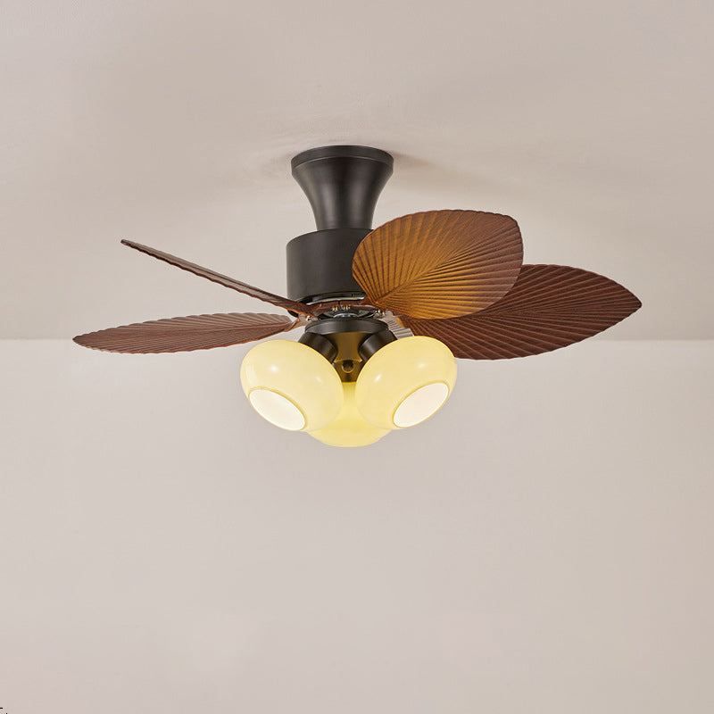 Contemporary Retro Iron Glass ABS Round Leaf-shaped 3/5-Light Semi-Flush Mount Ceiling Fan Light For Living Room & Bedroom